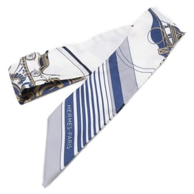 HERMES 063791S 10 EX-Libris Silk Twilly Scarf BLANC MARINE GRIS Women's