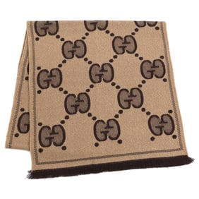 GUCCI 598993 3GC15 GG Lamé Jacquard Fringe Scarf, 45 x 195cm, Beige/Dark Brown, Women's