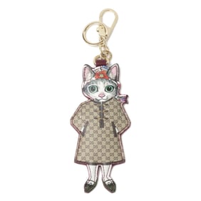 GUCCI 844246 Japan-exclusive Yuko Higuchi Cat BO Charm Keychain in Beige and Dark Brown for Women
