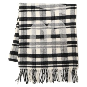 BALENCIAGA Check Wool Logo Print Fringe Scarf in White and Black for Women