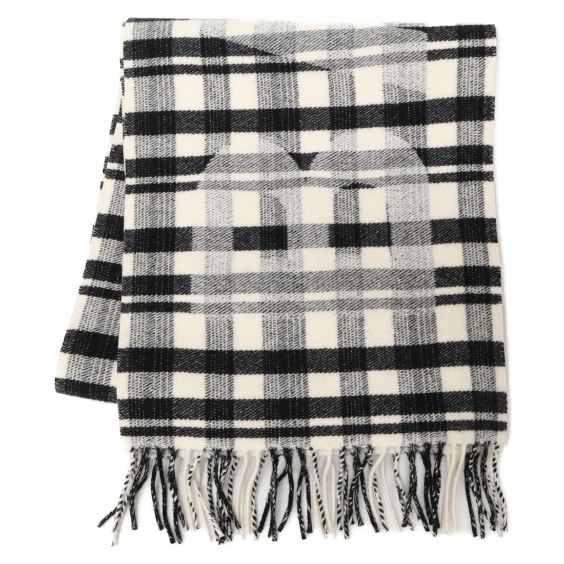 BALENCIAGA Check Wool Logo Print Fringe Scarf in White and Black for Women (1 of 10)