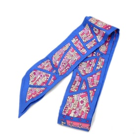 Hermes Hermès Twilly Scarf/Muffler, Right Bank and Left Bank, Blue Roy, Rose Beige, 100% Silk