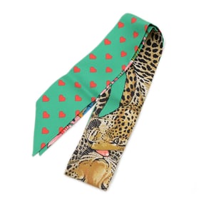 Hermes Hermès Twilly Scarf/Muffler Jungle Love Emeraude Rose Blanc 100% Silk