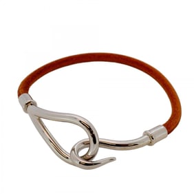 Hermes Jumbo Hook Bracelet, Metal, Leather, Silver, Brown, Women's