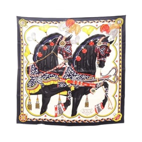 Hermès HERMES Carré 90 HARNAIS DE COEUR Silk Scarf for Women, Navy, Beige, Multicolor