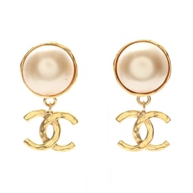 CHANEL Coco Mark Earrings, Gold Plated with Faux Pearls, Women's, and White