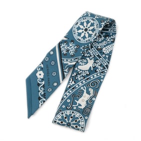 Hermes Hermès Twilly Scarf/Muffler, "Wind People" Curacao Noir Blanc, 100% Silk