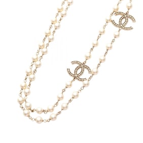 Chanel Coco Mark Necklace, Gold Plated with Faux Pearls, Women's, and White