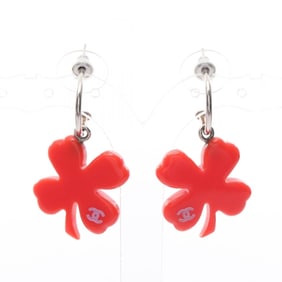 CHANEL Coco Mark Clover Earrings, Stainless Steel and Plastic, Women's, Red