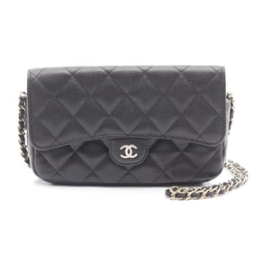 CHANEL Matelasse Chain Phone Case Wallet Shoulder Bag in Grained Calfskin Leather, Black, Women's, A