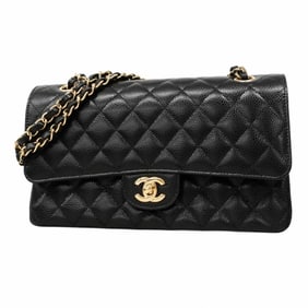 Chanel Matelasse Shoulder Bag with Double Flap and Chain, Caviar Skin, Black, Champagne, Women's