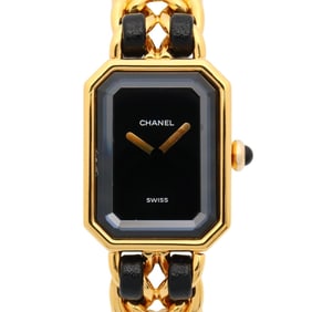 CHANEL Premiere M Watch, GP (Gold Plated), Leather, Women's, Black, H0001
