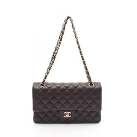 CHANEL Matelasse W-Flap Shoulder Bag, Leather, Grained Calfskin, Women's, Brown, A01112