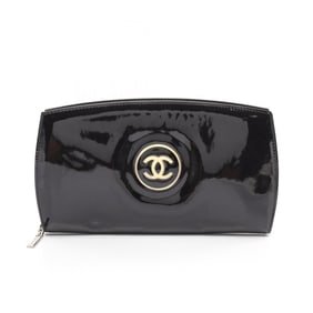 CHANEL Makeup Round Long Wallet Enamel Women's Black