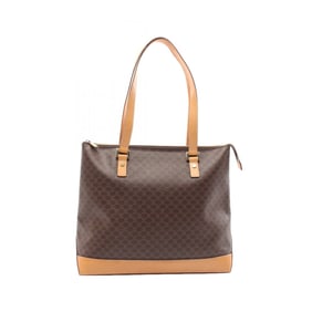 CELINE Macadam Tote Bag, Coated Canvas, Leather, Women's, Brown, Beige