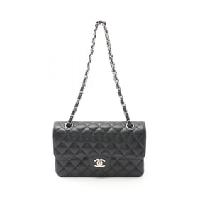 CHANEL Matelasse W-Flap Shoulder Bag Leather Grained Calfskin Women's Black A01113