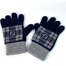 FENDI FXY010 Check FF Two-Tone Logo Gloves, Wool, Women's, Navy