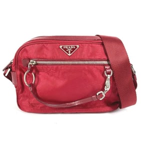 PRADA Triangle Logo Plaque Crossbody Bag Pochette Shoulder Leather Nylon Women's Red