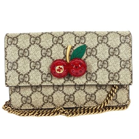 GUCCI GG Supreme 481291 Cherry Rhinestone Logo Flap Chain Bag, Crossbody Shoulder Canvas and