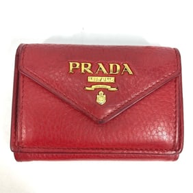 PRADA 1MH021 Logo Compact Tri-fold Wallet Leather Women's Red