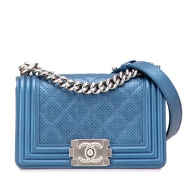 CHANEL Matelasse Coco Mark Boy Chanel Chain Shoulder Bag in Blue Perforated Leather for Women