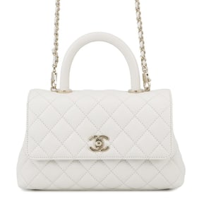 CHANEL Matelasse Handbag with Coco Mark and Handle, Caviar Skin, A92990, 2-Way, White