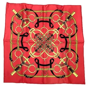 HERMES Carré 45 Gavroche Scarf/Muffler Eperon d'or with Golden Spurs, Red, 100% Silk