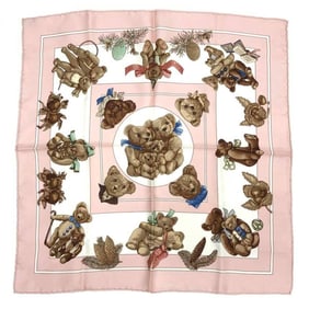 HERMES Scarf/Muffler Carré 45 "Confidents of Coeurs" Bear Teddy Bear, Pink (aq12163)