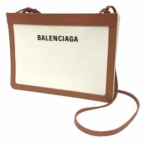 BALENCIAGA Navy Pochette Shoulder Bag 39937 Canvas/Leather White/Brown