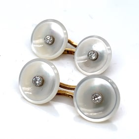 Antique Art Deco 14K Yellow Gold Mother of Pearl and Diamond Cufflinks