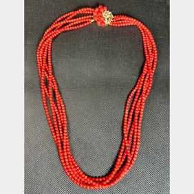 14K Yellow Gold Coral Necklace w/ Diamond Clasp