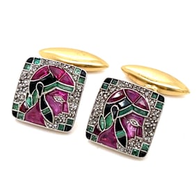 Art Deco Egyptian-style Platinum & 18K Diamond, Ruby, Emerald, & Onyx Cufflinks