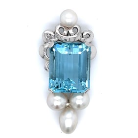 1960’s 14K White Gold Aquamarine & Pearl Pendant/Brooch