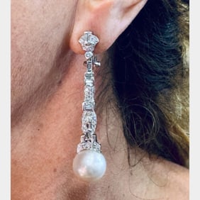 18K White Gold South Sea Pearl & Diamond Earrings