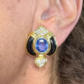 18K Yellow Gold Sapphire & Diamond Earrings