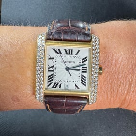CARTIER 18K Yellow Gold Automatic Tank Francaise w/ factory Diamond Case