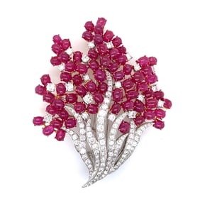 18K Yellow & White Gold Burma Ruby & Diamond Flower Bouquet Brooch