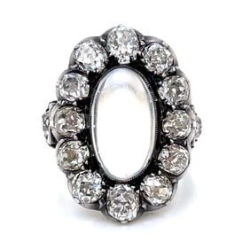 Victorian 14K Yellow Gold & Silver Top Moonstone and Diamond Ring