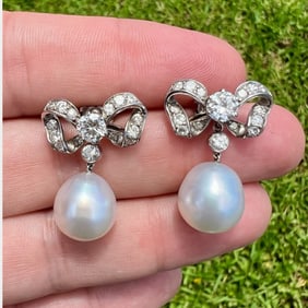 1950’s 18K White Gold South Sea Pearl and Diamond Bow Earrings