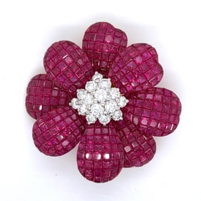 18K Yellow Gold Ruby & Diamond Flower Brooch