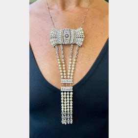 Art Deco Platinum 16.00 Ct. Diamond & Natural Pearl Necklace