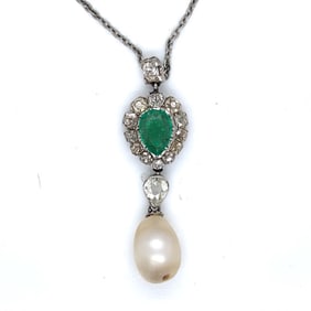 Victorian Platinum GIA Certified Natural Pearl, Colombian Emerald, and Diamond Pendant w/ 18K Chain