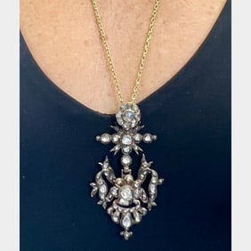 Victorian Silver Diamond Pendant on 18K Yellow Gold Chain