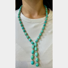 1960’s 18K White Gold Persian Turquoise & Diamond Necklace