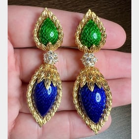 SPRITZER & FUHRMANN French 18K Yellow Gold Diamond & Enamel Earrings