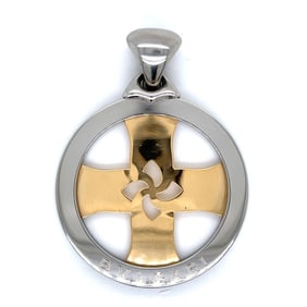 BVLGARI 18K Yellow Gold & Stainless Steel “Tondo?? Cross Pendant