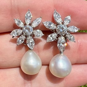 Platinum & 18K White Gold SSEF Certified South Sea Pearl and Diamond Earrings