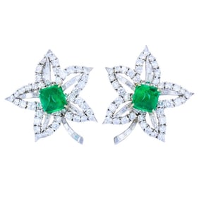 Vintage Platinum Diamond Floral Earrings Sugarloaf Emerald Estate Jewelry