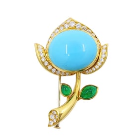 Bvlgari Bulgari 18k Gold Turquoise Flower Brooch Emerald Diamond Accents
