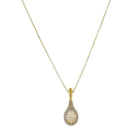 14k Gold Diamond Tennis Racket Pendant Necklace